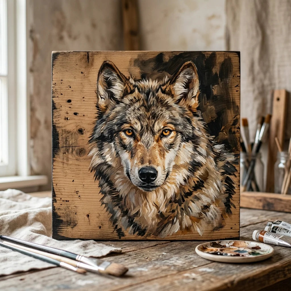 Wolf geschilderd met acrylverf op een houten plaat — El Greco