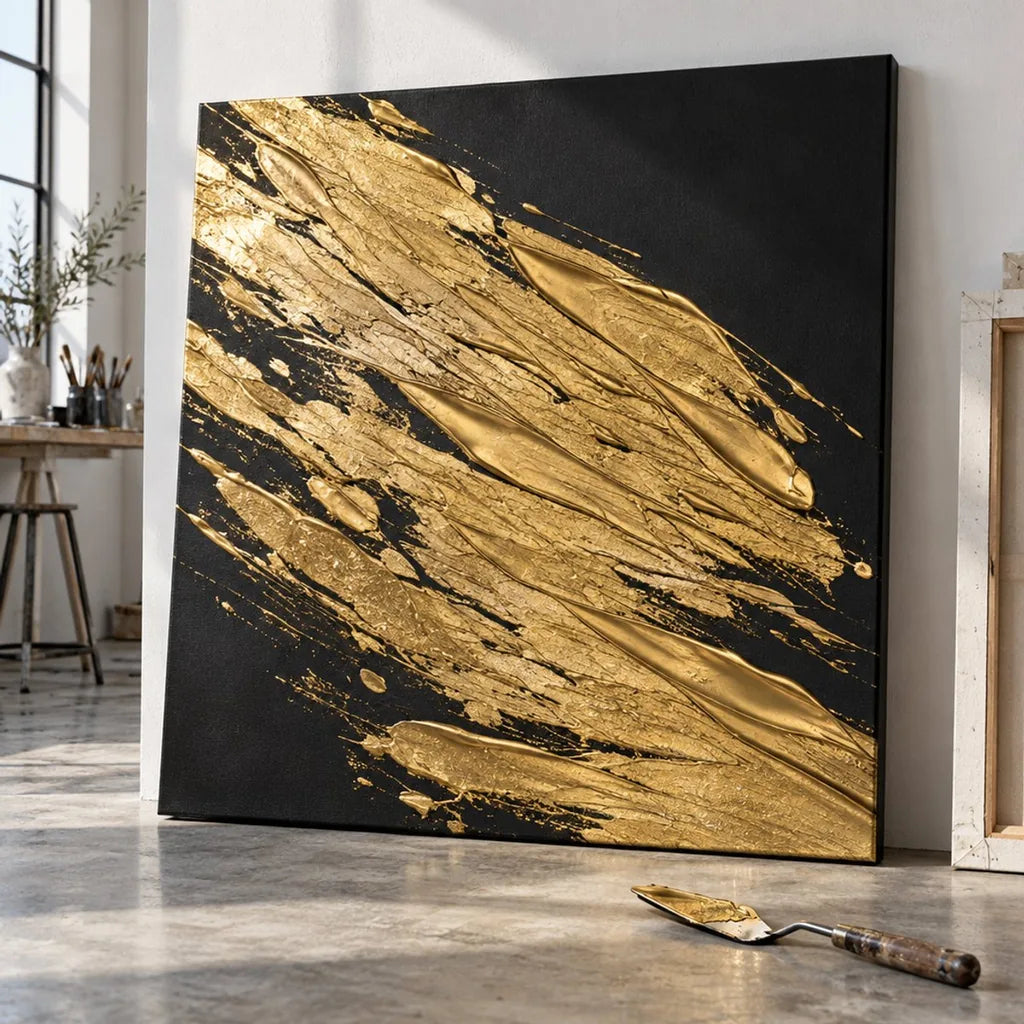 Abstract art on a black canvas, made with strokes of ARTMiE MIDAS gold paste and visible palette knife marks