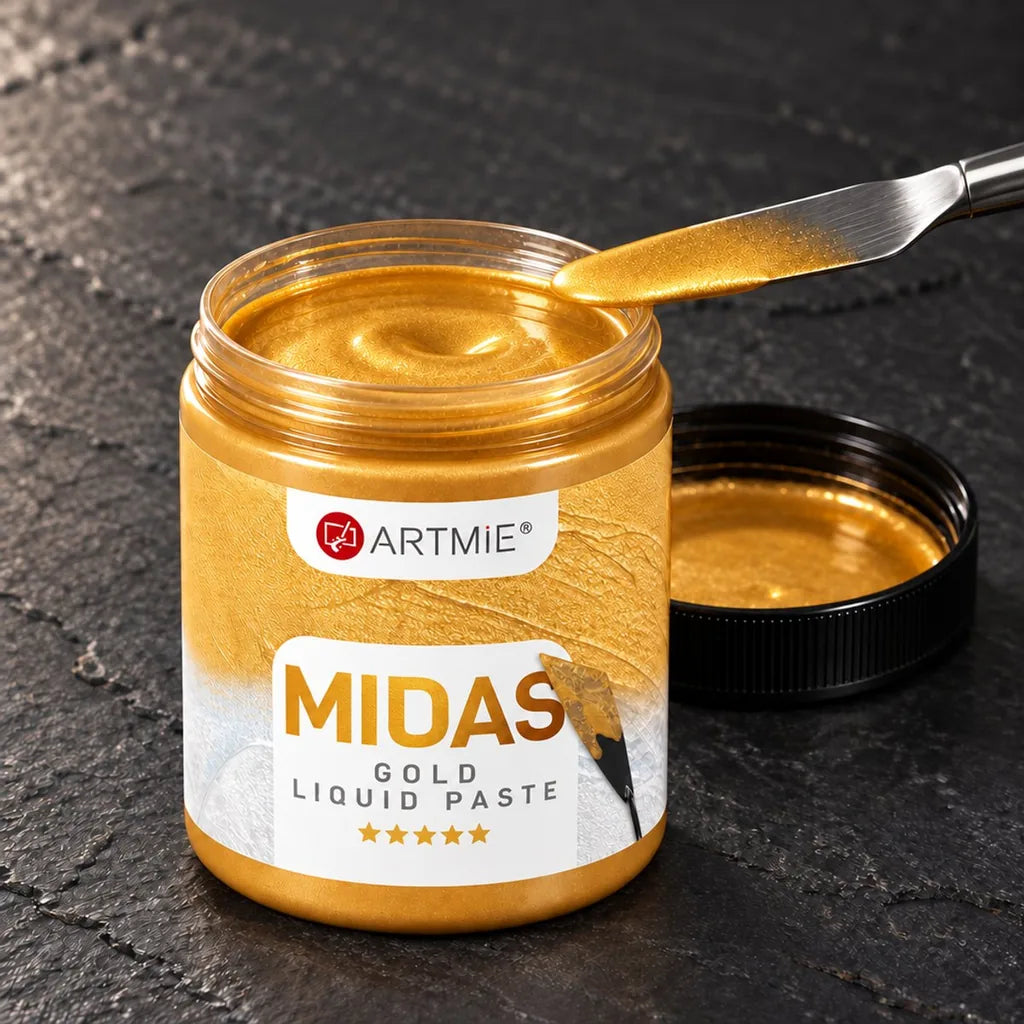 Open jar of ARTMiE MIDAS gold liquid metallic paste, with visible gloss inside
