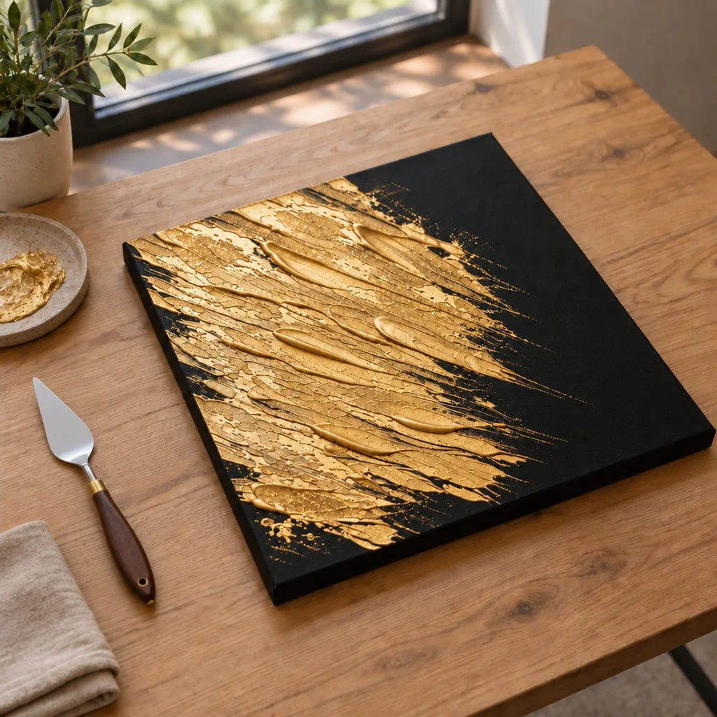Finished, dry abstract art made with gloss ARTMiE MIDAS gold paste on a black canvas