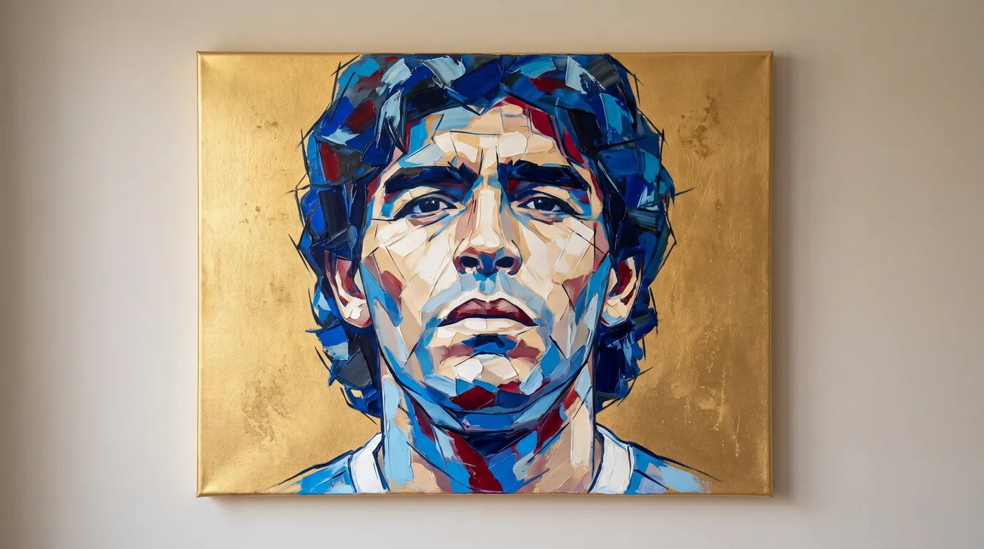 Abstract portrait of a soccer player painted in acrylic on the MIDAS gold canvas, hanging on a wall