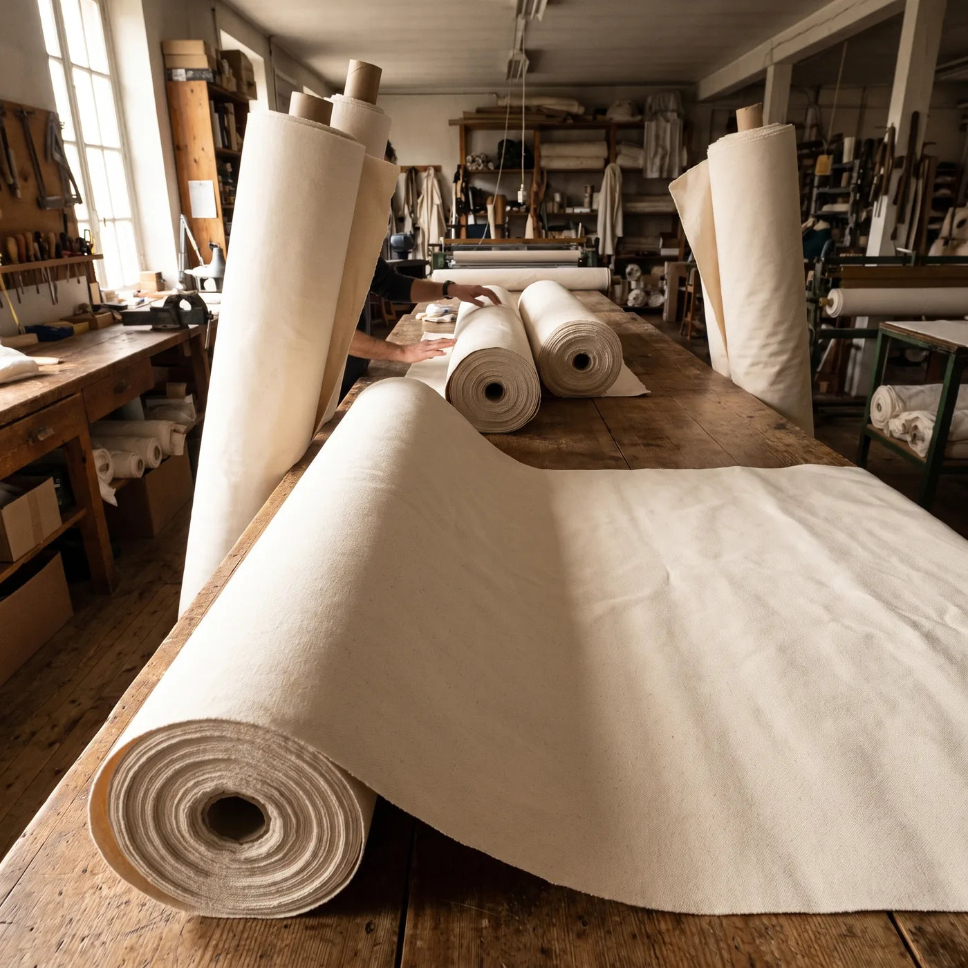 Rolls of raw cotton in the workshop, material for MIDAS canvases