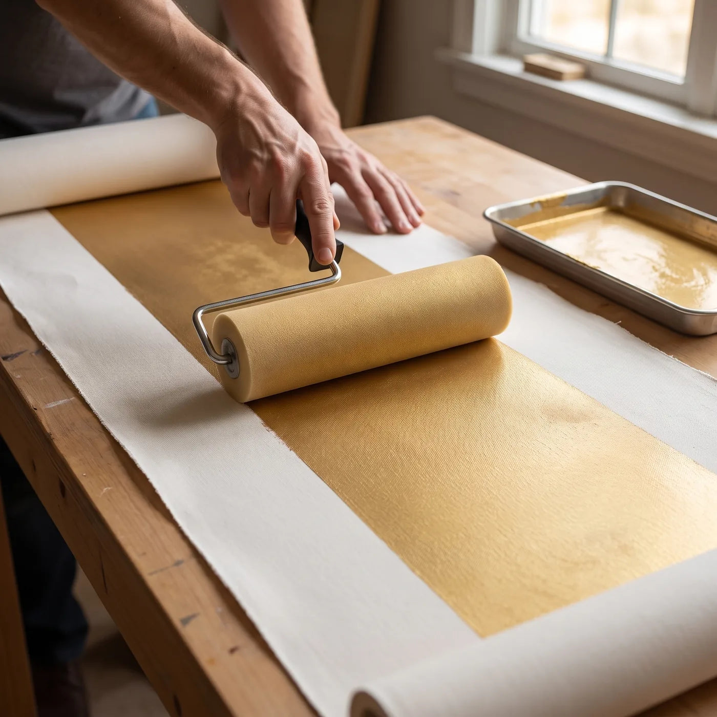 Applying a gold coating to cotton canvas on a roll