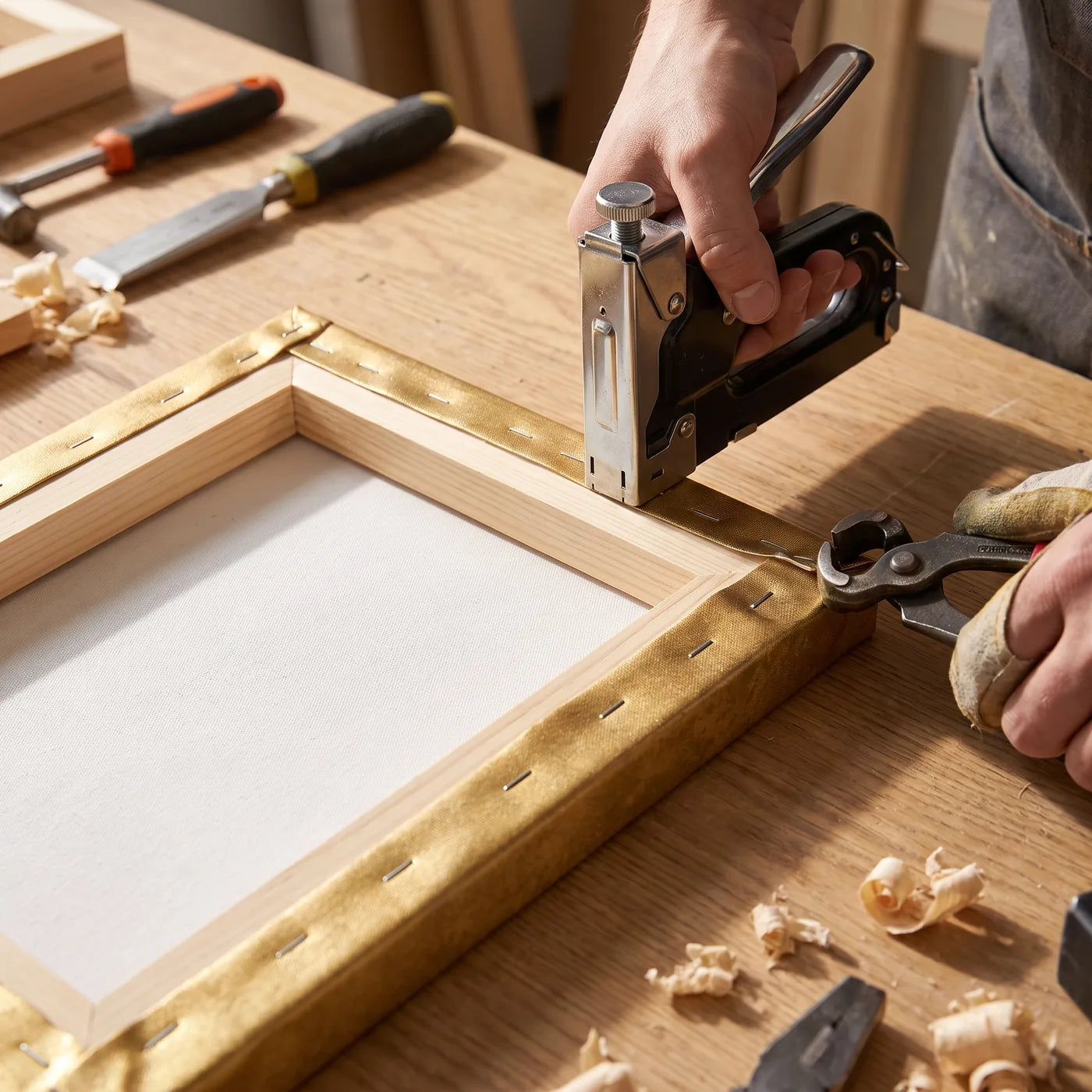 Stretching a gold canvas onto spruce stretcher bars