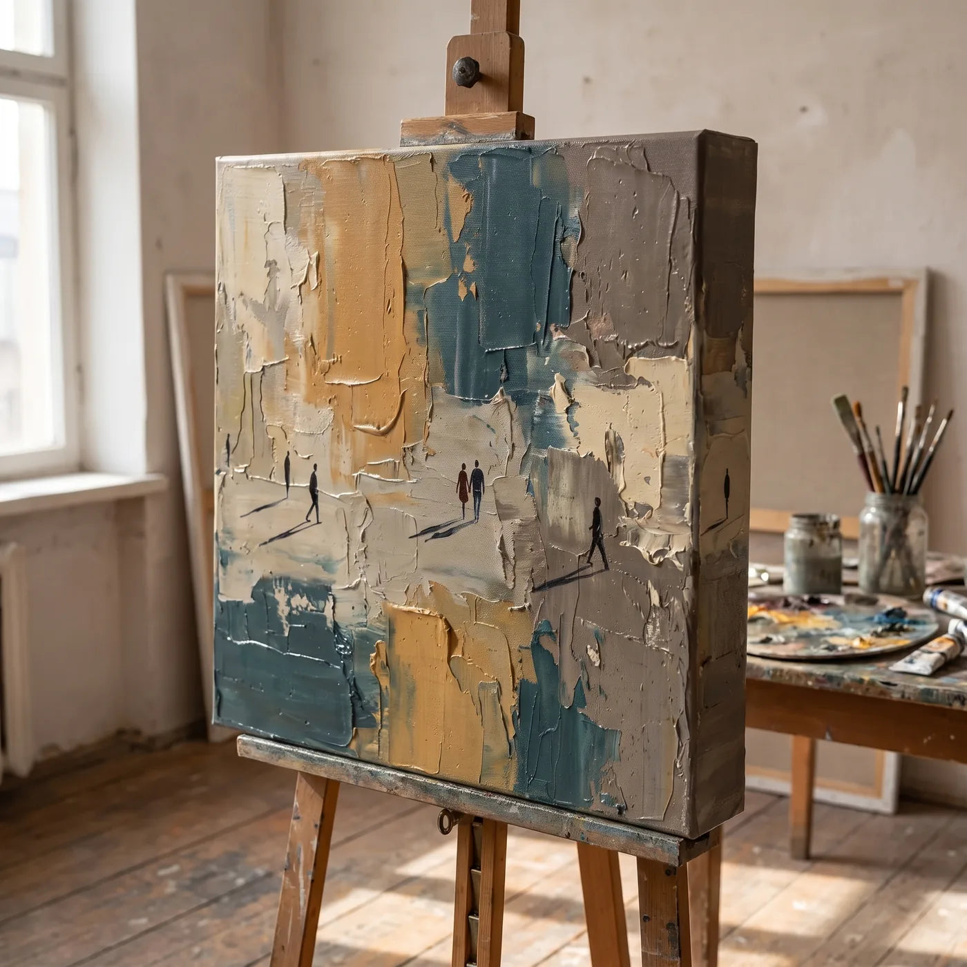 Modern painting on a 3D canvas on an easel in a studio — textured background applied with a palette knife and small figures added with a fine brush; the composition continues onto the deep side