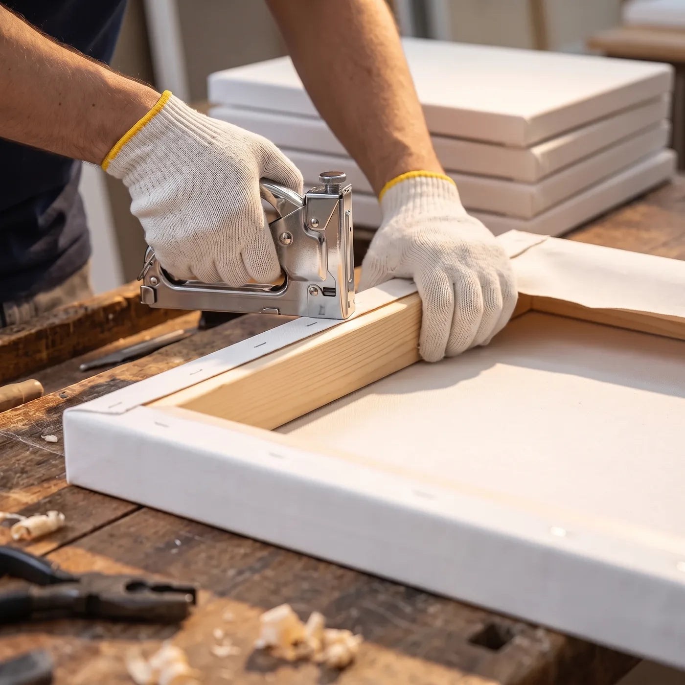 Stapling Canvas to a Deep Spruce Stretcher Bar in the ARTMiE Workshop