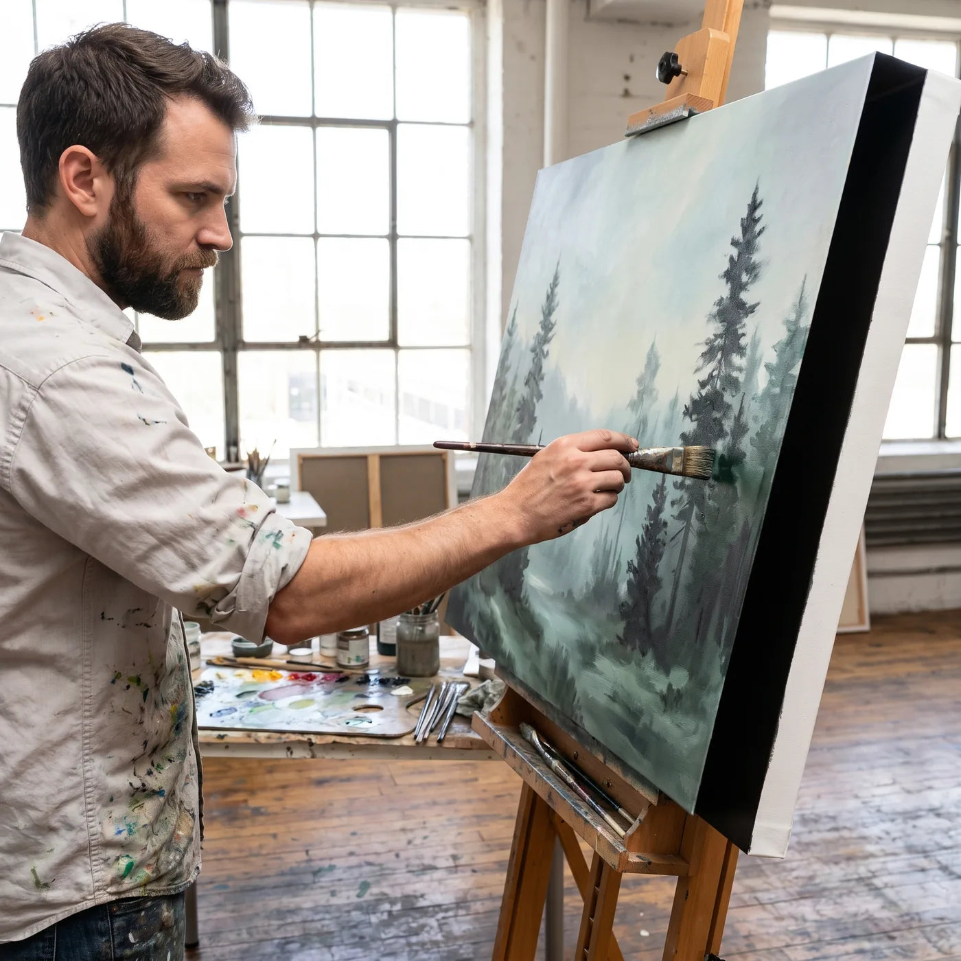 Artist painting a misty forest with oil paints on 3D+ canvas with a deep edge