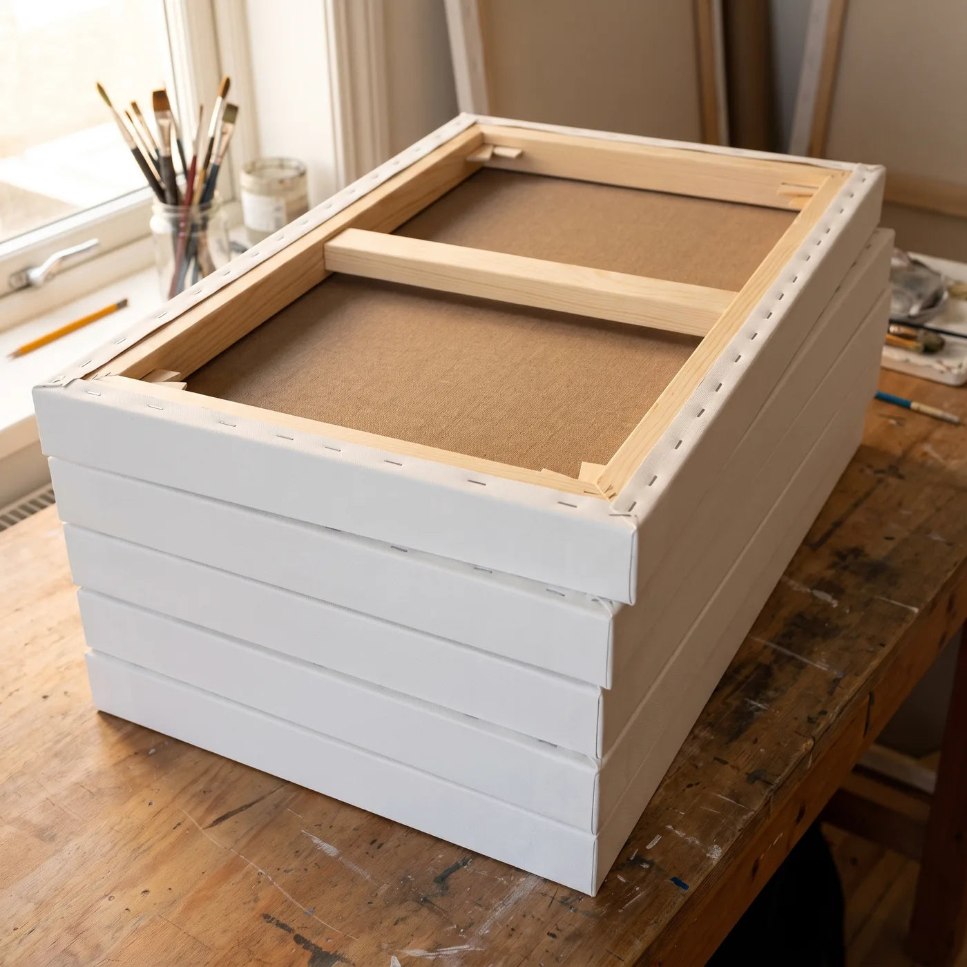 Finished 3D+ canvases stored face down, brown canvas, deep stretcher bars, and reinforcement