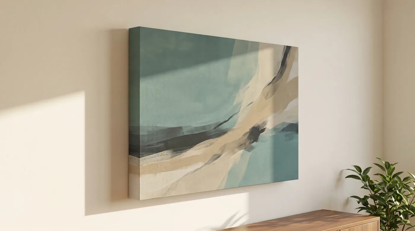 3D+ canvas on a wall, the deep frame casts a shadow and the painting stands out from the wall
