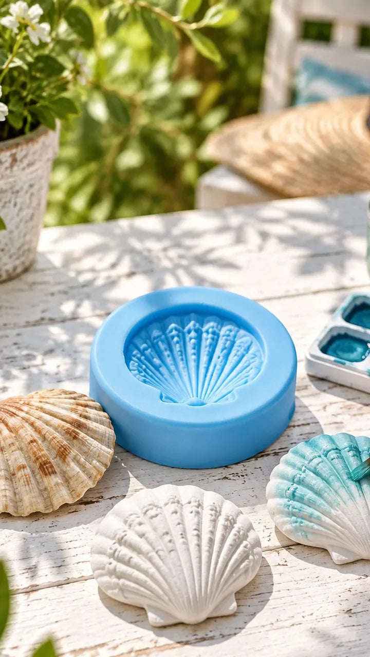 Seashell, blue silicone mold, and plaster seashell castings painted with watercolors on a garden table