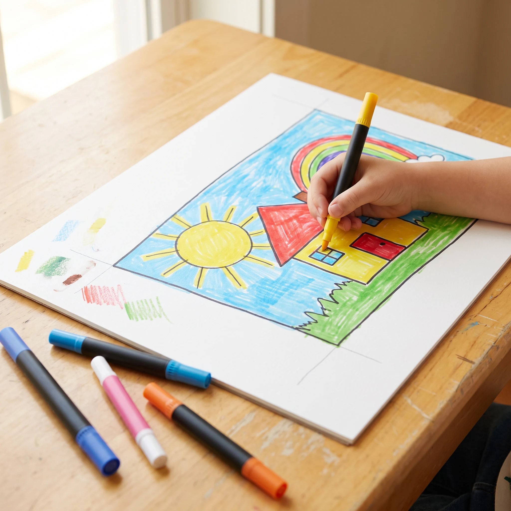 Mixed-media-werk met markers, kleurpotloden en pastels