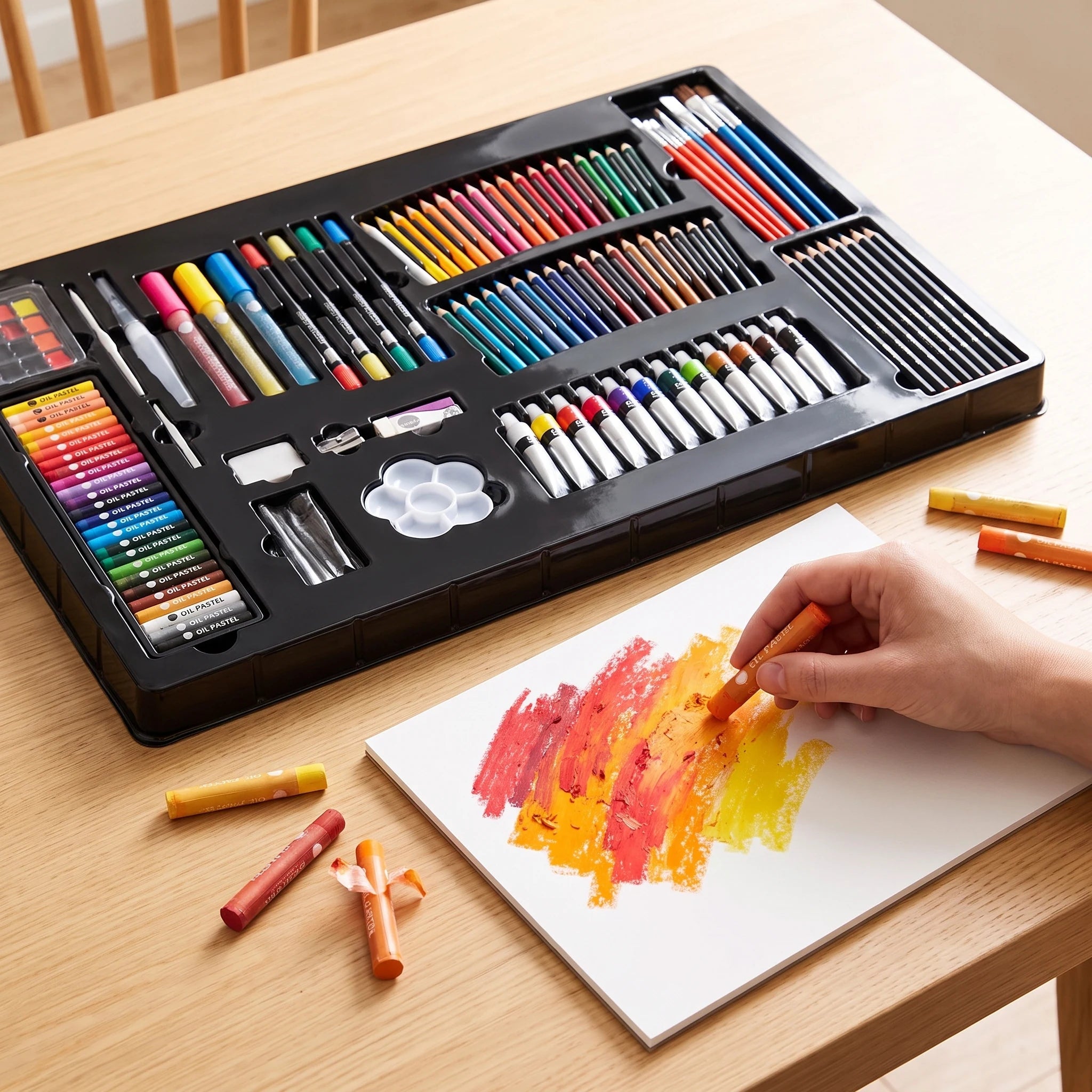 Geopende Daler-Rowney kunstset met 215 delen en tekenen met oliepastels