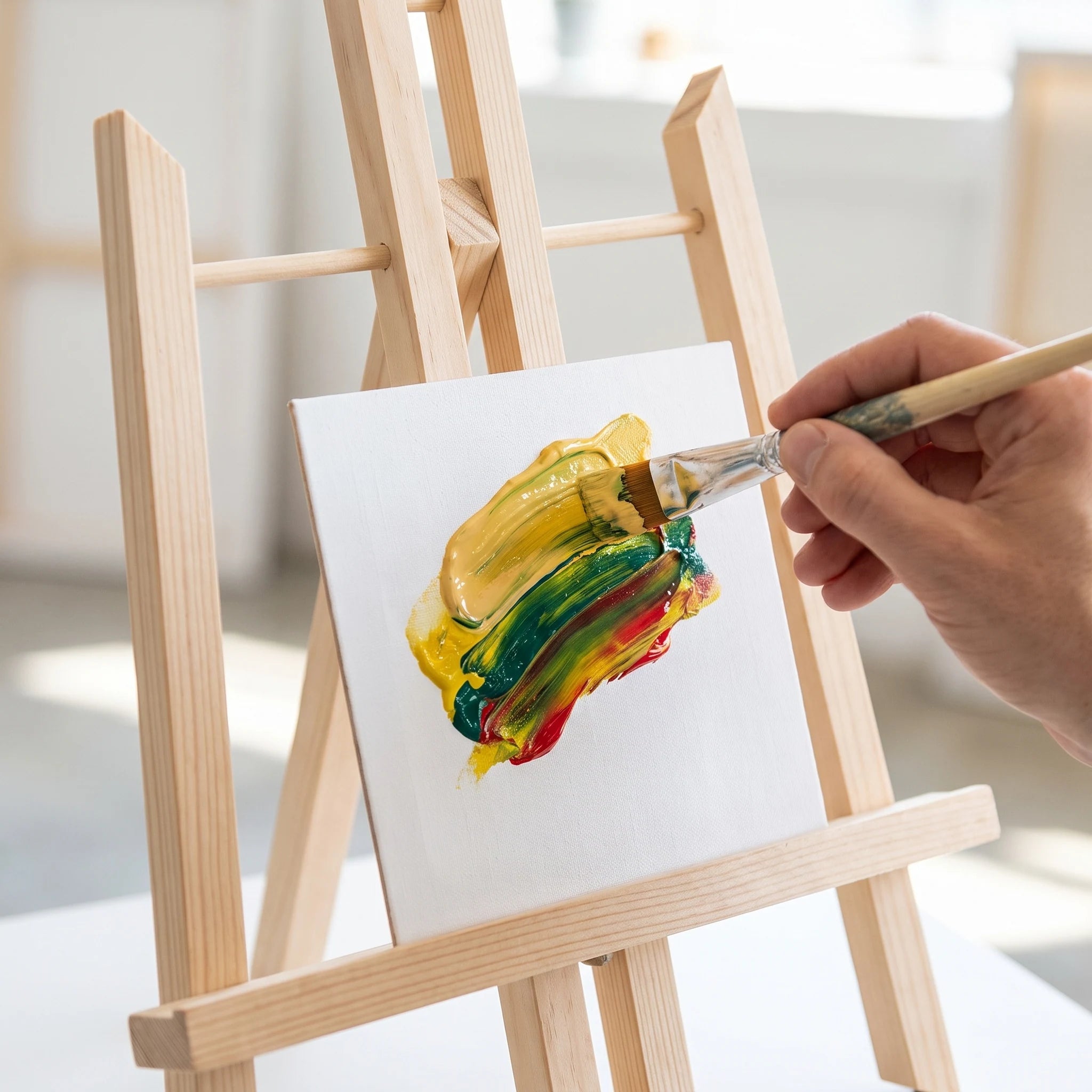 Close-up: dikke acrylverf wordt met het penseel op het doek aangebracht