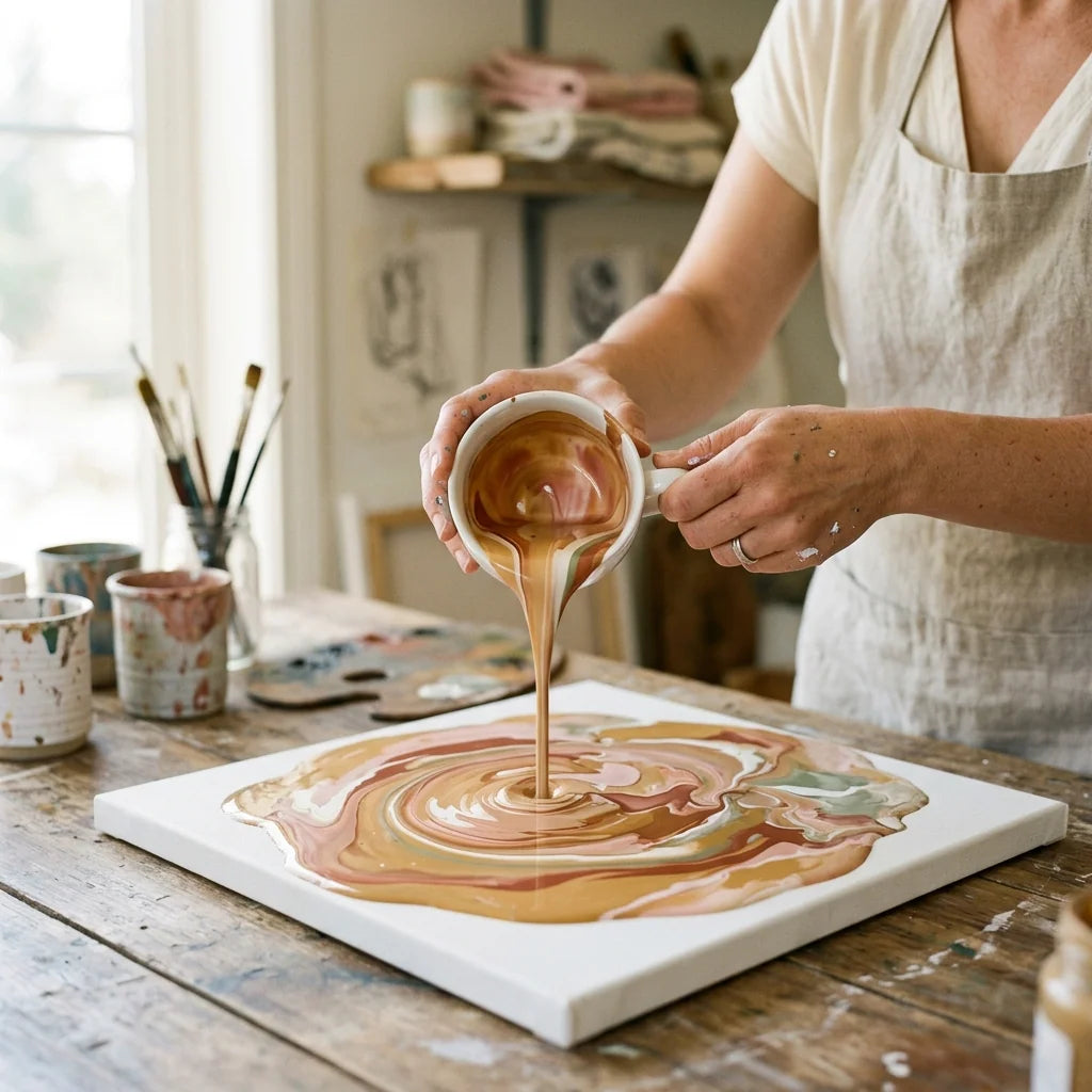 Pouring mixed fluid paint onto canvas