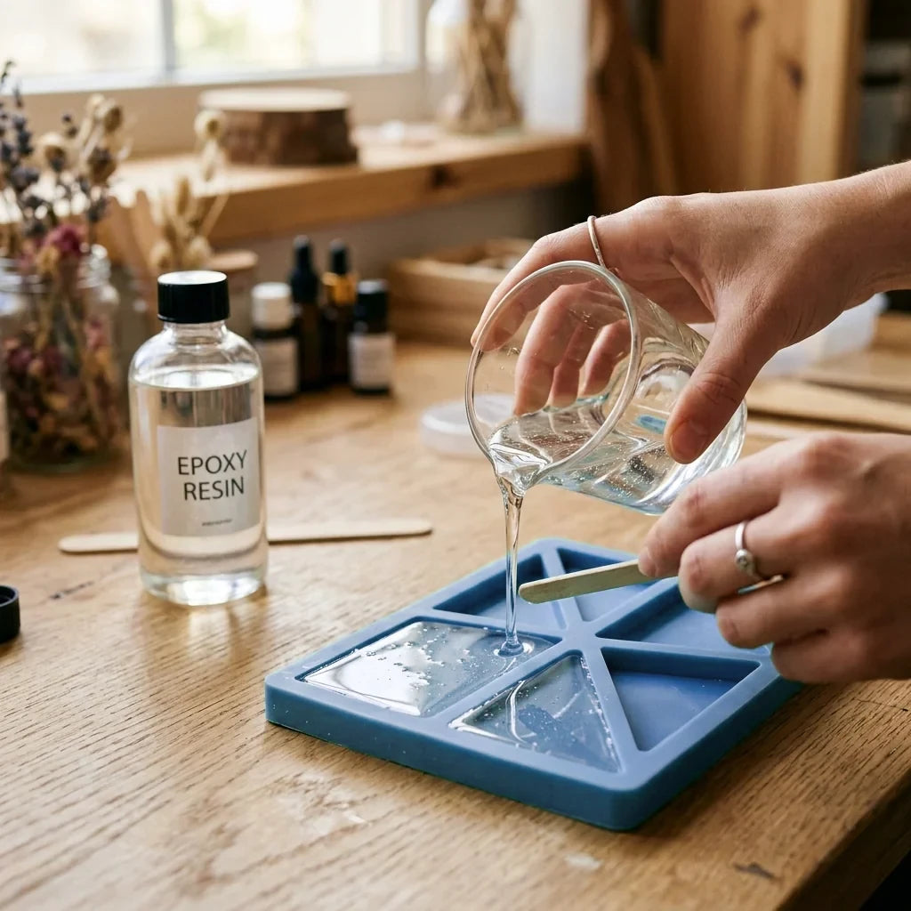 Pouring epoxy resin into a silicone mold