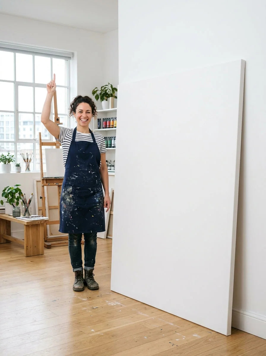 Painter standing beside a huge XXL canvas